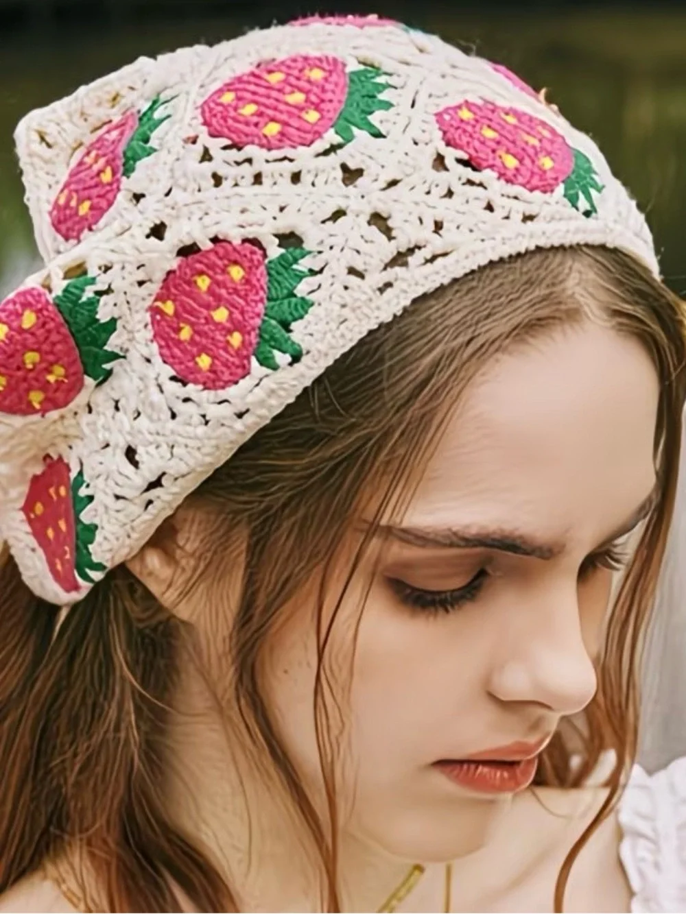 NWT Boho Crochet Strawberry Headscarf - Red, Cream, Green
